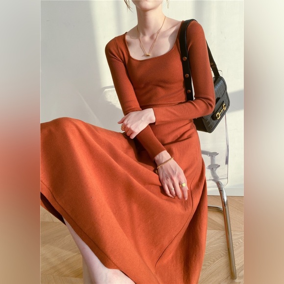 🍁Orange Red Slim Fit Long Sweater Dress🍁 - Picture 3 of 8